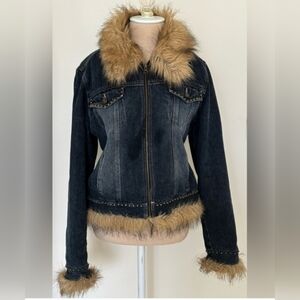 Giacca Blue Denim Jacket with Faux Fur Trim